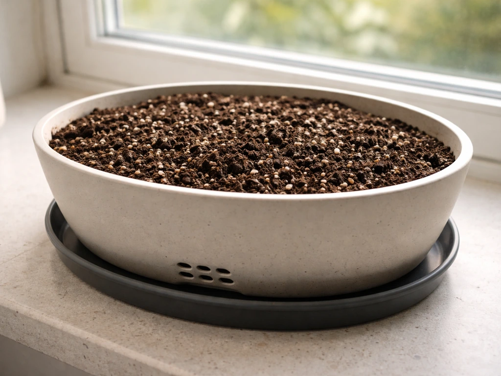 Wide shallow pot with drainage holes holding potting mix, with a saucer catching runoff on a sunny windowsill.