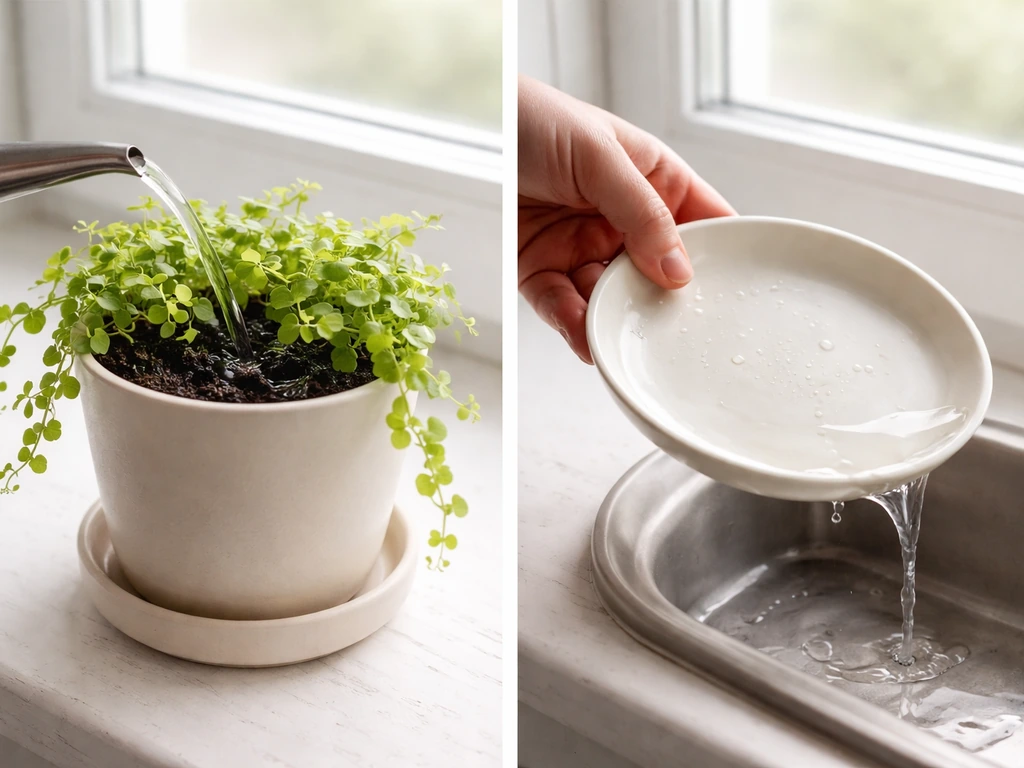 Small potted creeping jenny being watered on a windowsill, then excess water emptied from the saucer.
