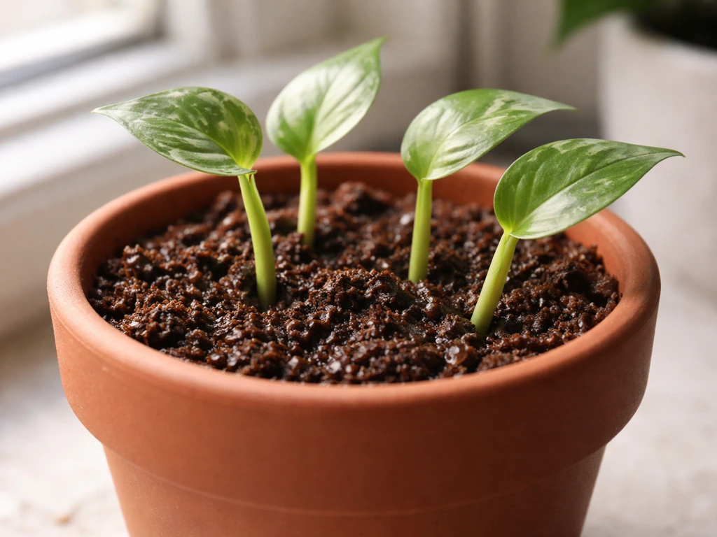 Stem tip cuttings inserted in a small pot of moist propagation mix under bright indirect light.