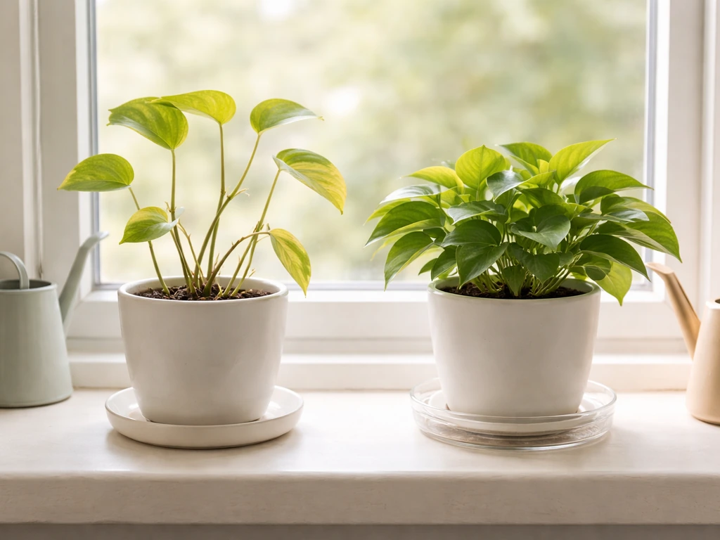 Side-by-side potted indoor plants showing leggy growth with yellow leaves vs improved light and drainage.