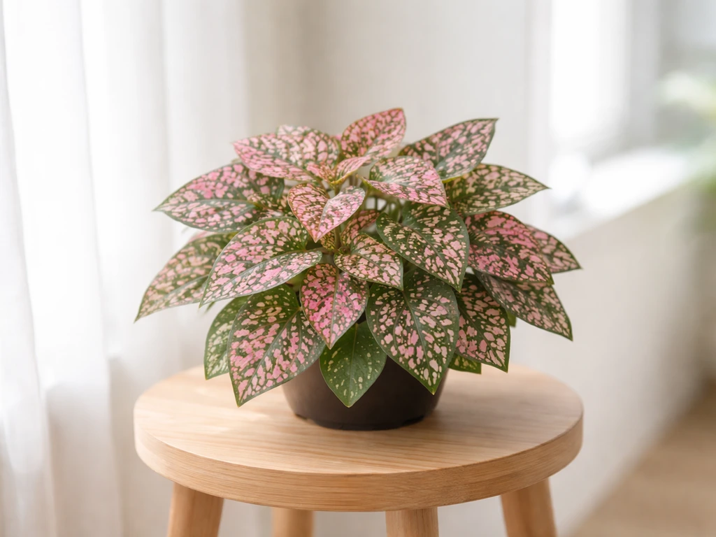 Polka dot plant thriving on a stand by a bright window, vibrant speckled leaves in natural light.