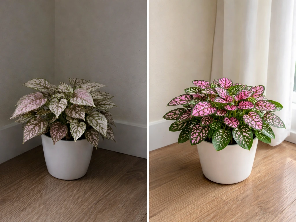 Polka dot plant in dim light vs bright indirect window light, showing more compact vivid growth.