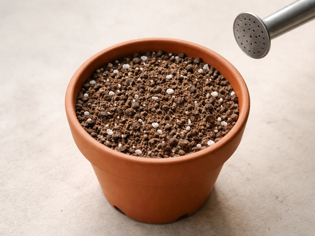 Top-down view of a small pot with airy potting mix and perlite, showing drainage holes ready for watering.