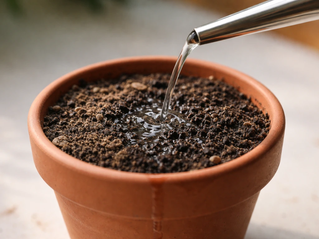 Close-up of indoor plant soil as water is poured until it drains, with a slightly dry surface.