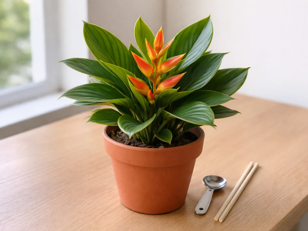 Close-up of a compact heliconia plant indoors, showing leaf scale against a simple pot and tabletop.