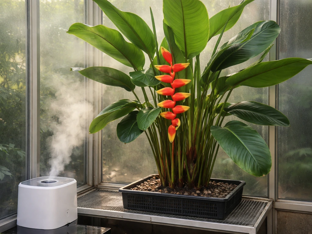Heliconia near a humidifier and humidity tray, with mist and spaced leaves in a bright greenhouse.