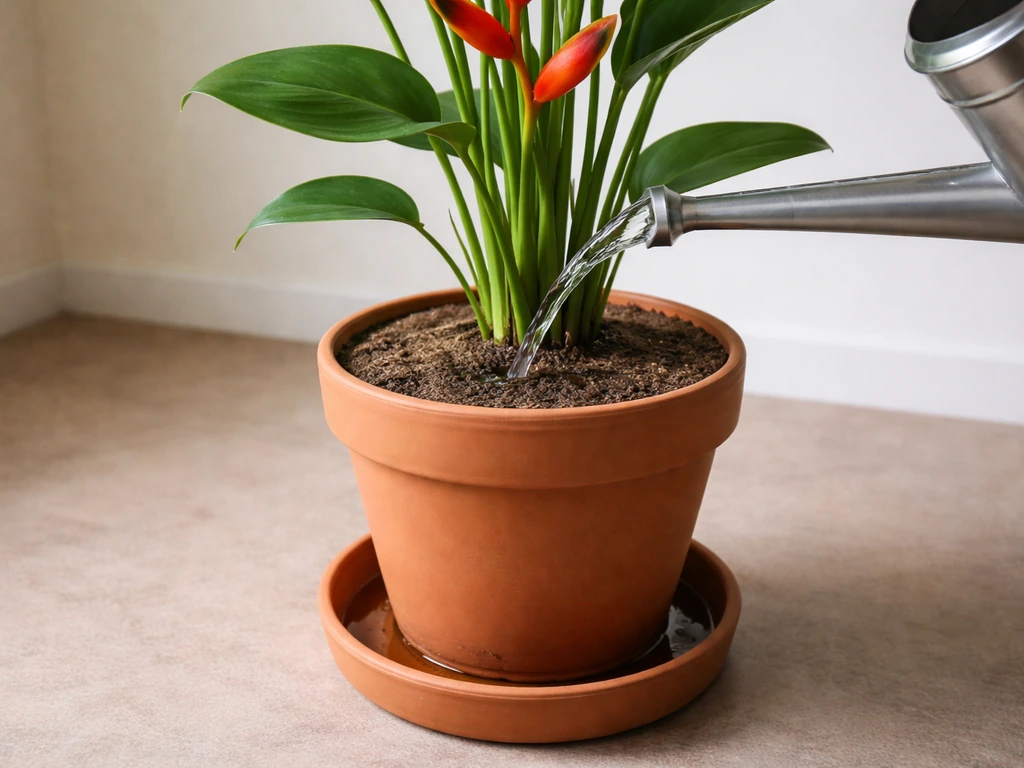 Indoor heliconia in a pot while water is poured evenly from a watering can until excess drains into a tray.