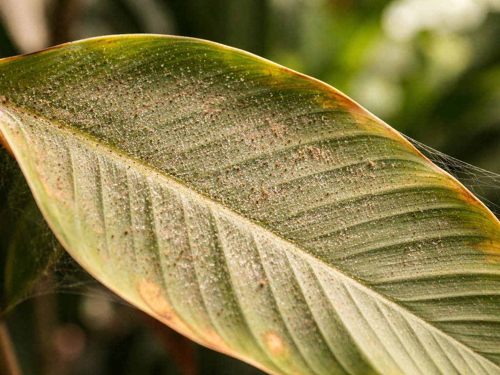 Close-up of heliconia leaf with fine stippling and faint spider-mite webbing in warm indoor light