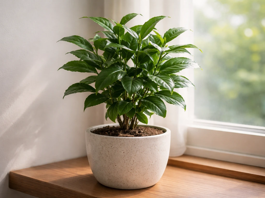 Compact Camellia sinensis tea plant in a pot by a bright window with glossy leaves indoors.
