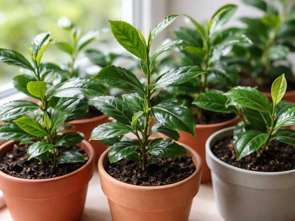 Close-up of compact indoor tea plants in small pots, leaves glossy and varied green tones.