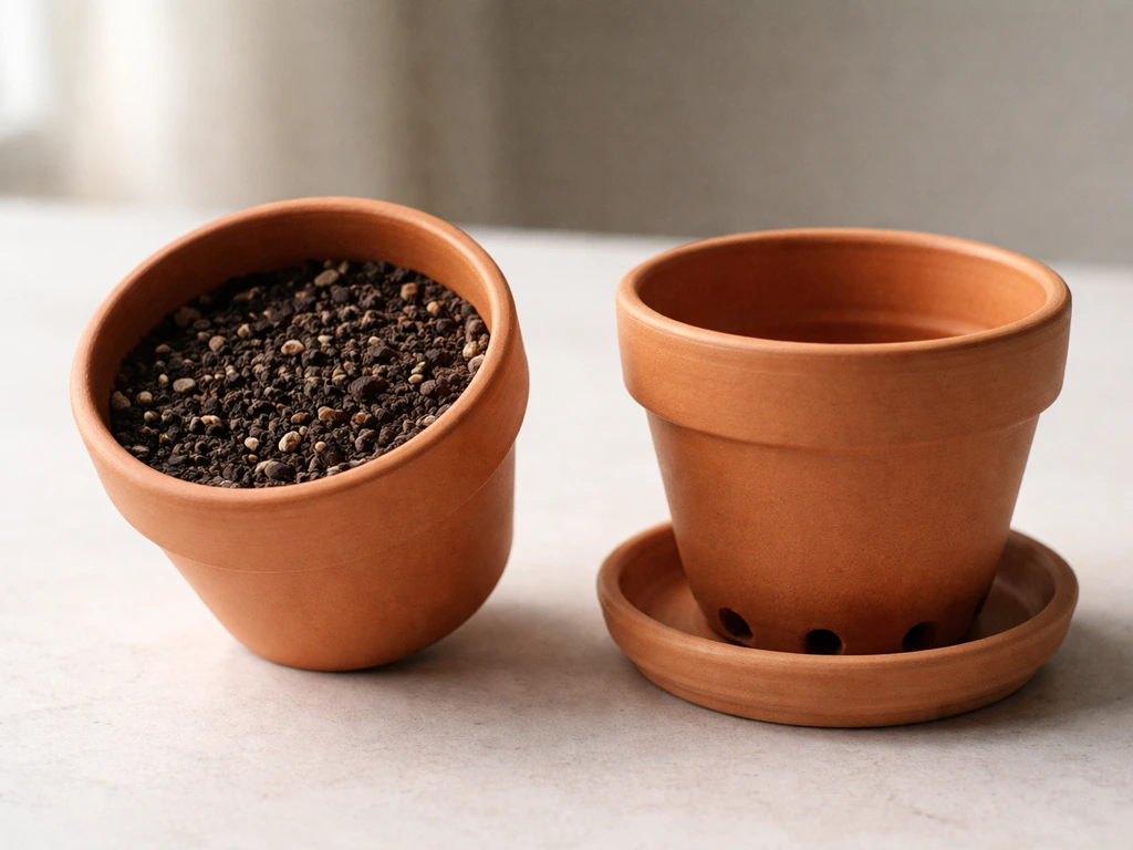 Two small containers side-by-side showing drainage holes and damp potting mix texture on a saucer.