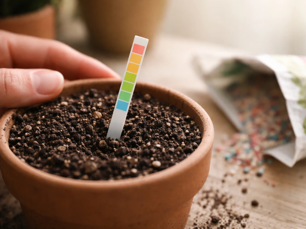 Close-up of soil pH test strip beside acid fertilizer in a small potting-mix container.