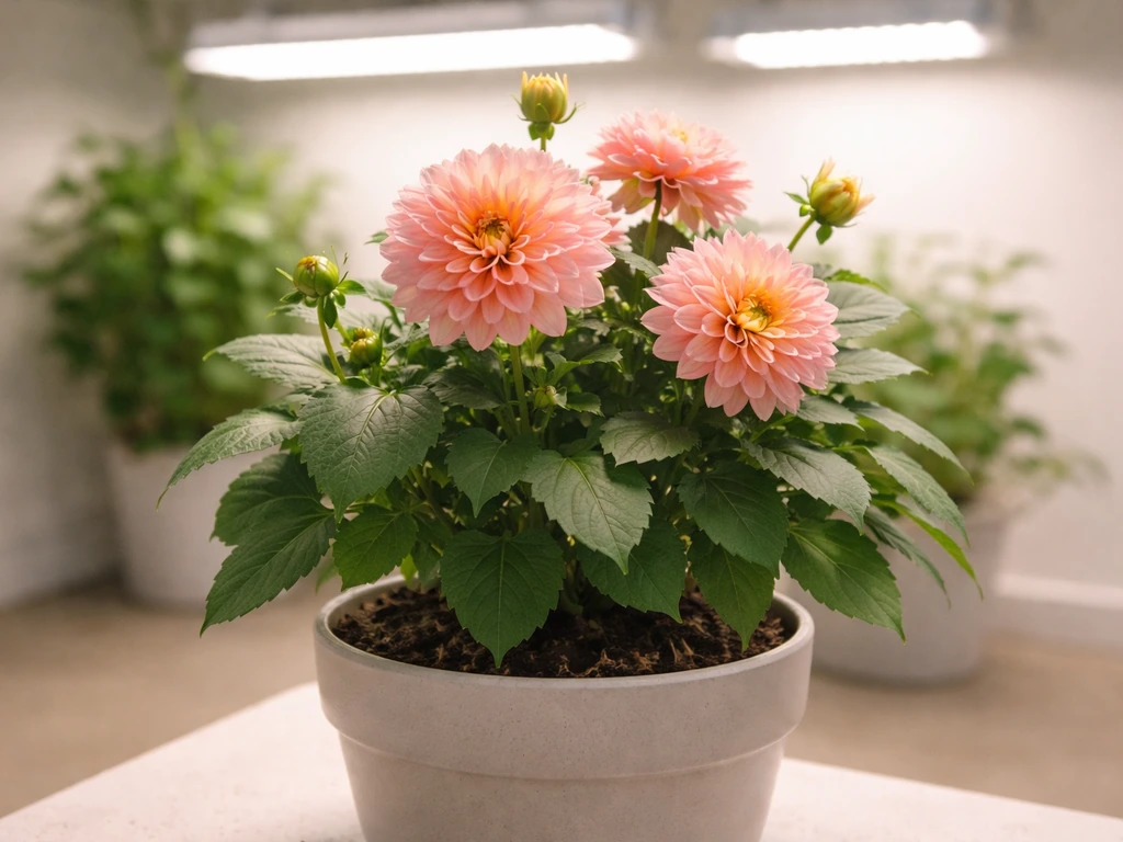 Thriving potted dahlia under bright indoor grow lights in a simple minimal setup