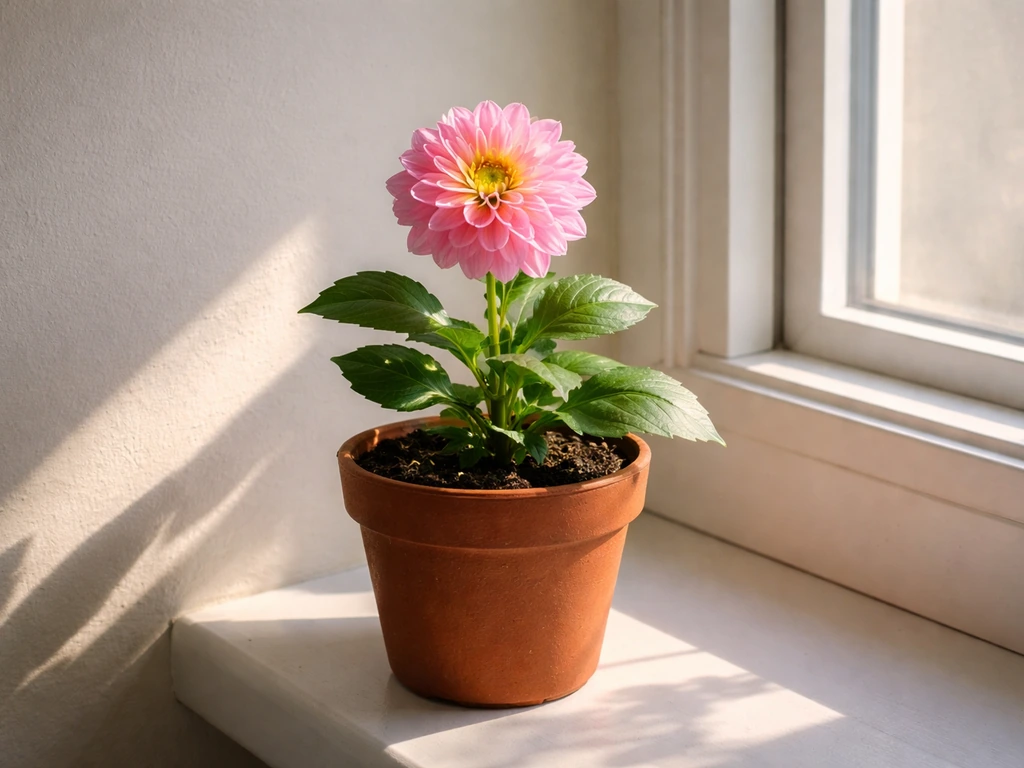 Potted dahlia indoors on a windowsill, with direct sunlight beams hitting the leaves at an angle.