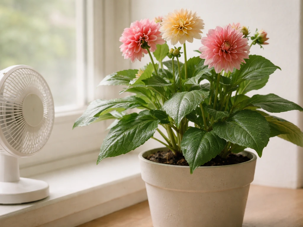 Small fan gently blowing air across leaves of a potted dahlia on a windowsill.