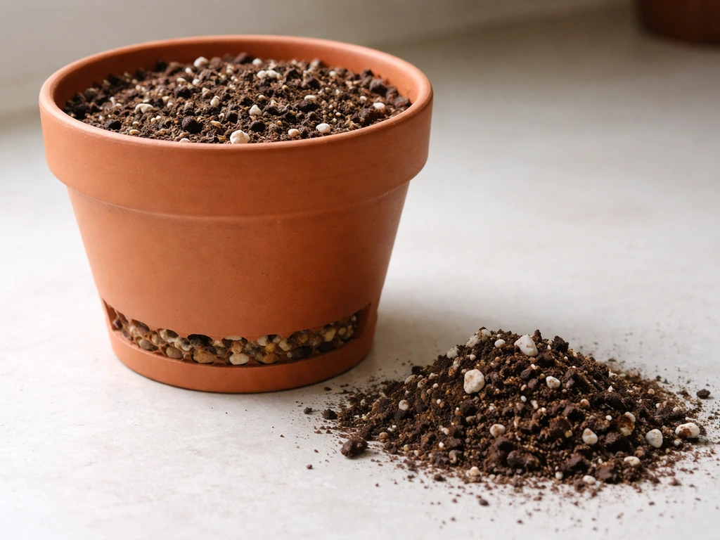 Terracotta pot with drainage holes and well-draining mix, emphasizing no standing water to prevent rot.