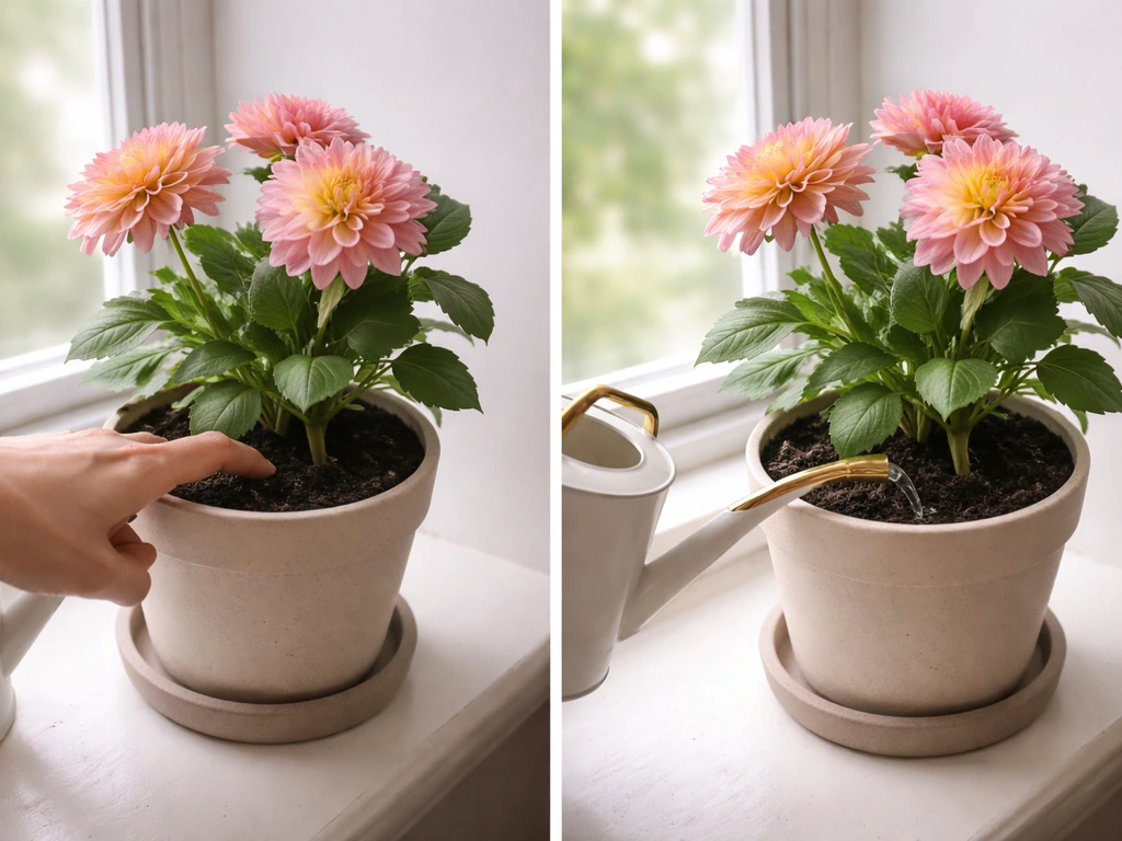 Hand checks the top inch of soil in a potted dahlia, then waters carefully at the base.