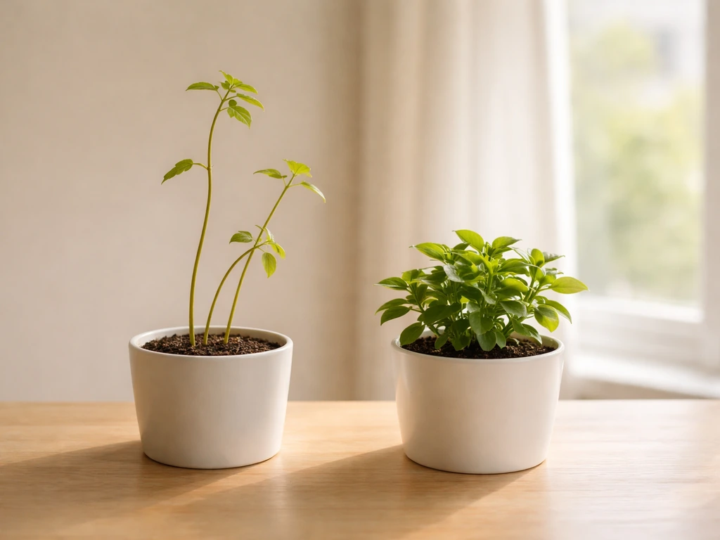 Two potted plants side-by-side: one leggy and stretched from low light, one compact and well-lit.
