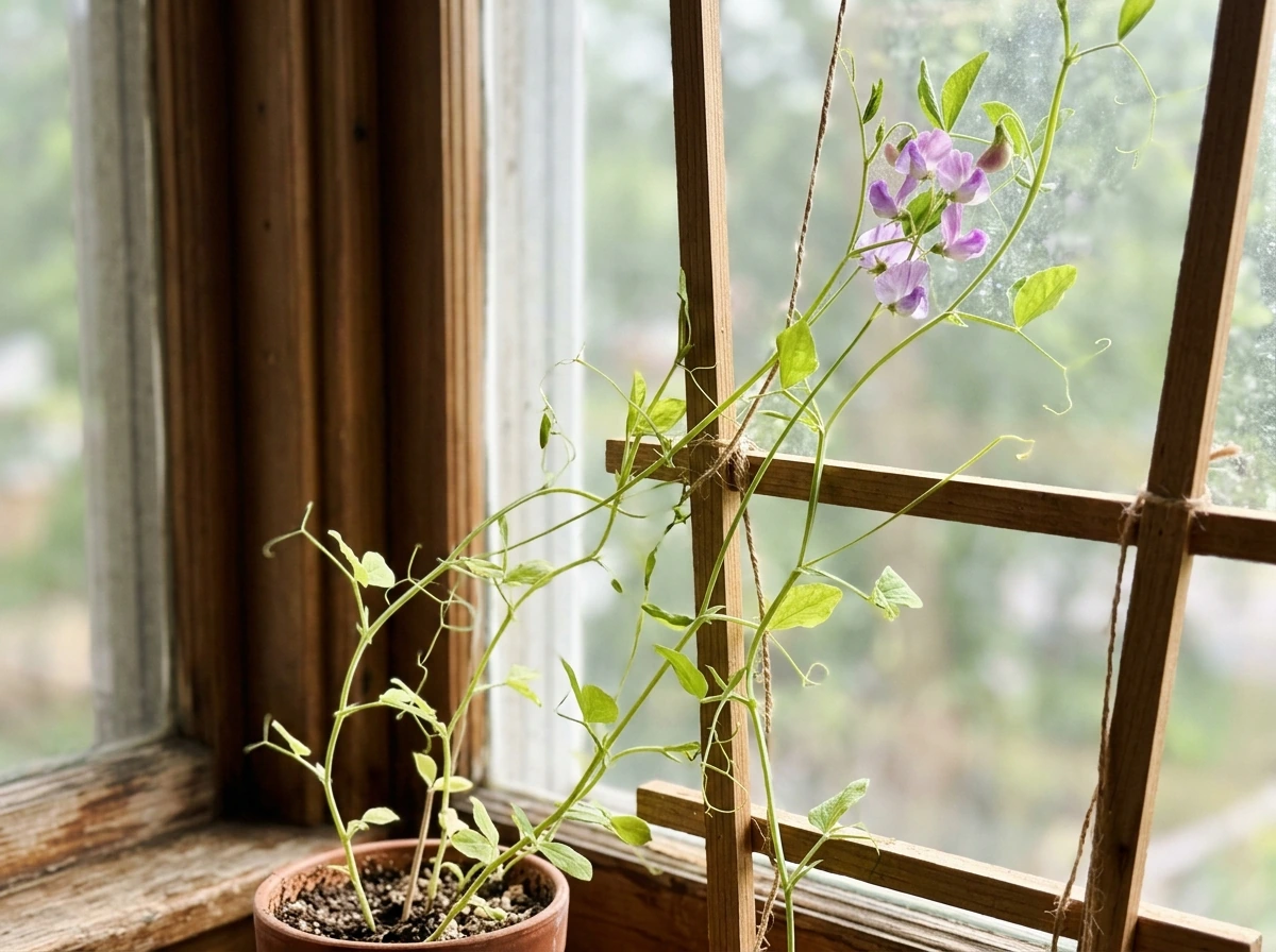 Sweet pea vines reaching toward a window in a container, showing indoor light constraints.