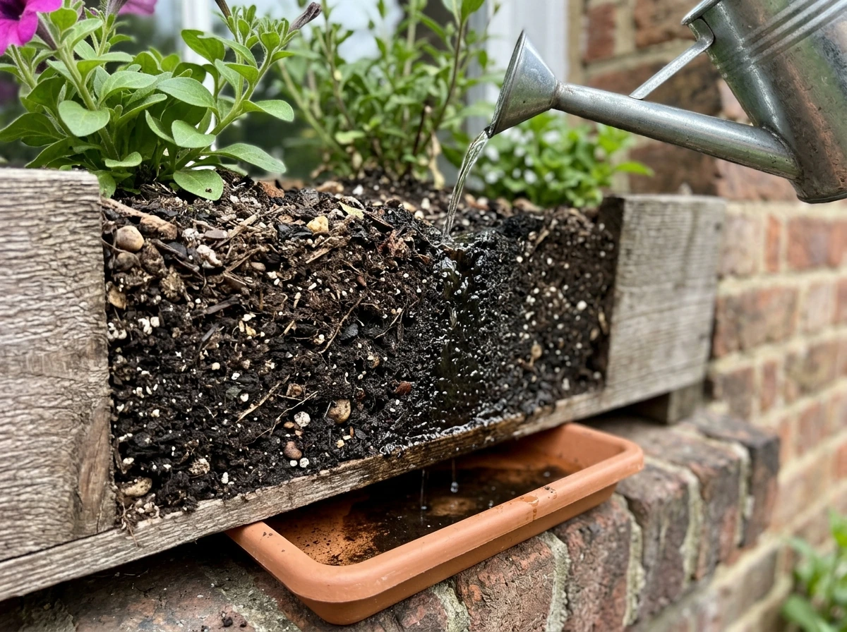 Soil soaking in from watering and drainage water collecting below.