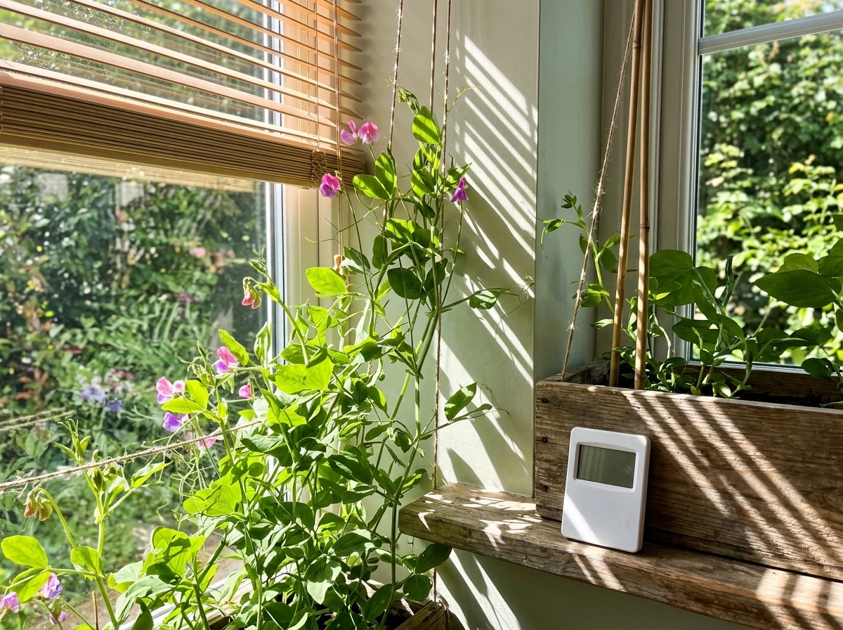 Sweet peas on a sunny windowsill with light focused on the leaves.