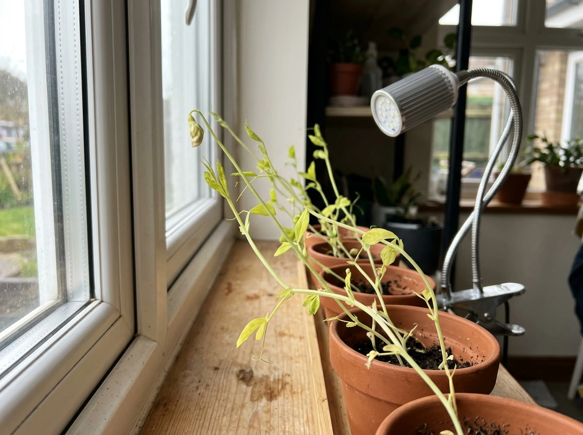 Leggy, pale indoor sweet pea growth with a brighter light solution nearby.