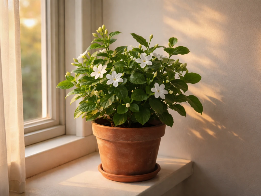 Arabian jasmine in bloom on a sunny windowsill indoors, with white star-shaped flowers and green leaves.