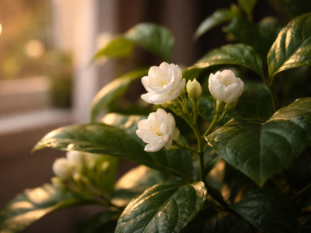 Close-up of Arabian jasmine blooms opening on a green indoor plant in warm evening light