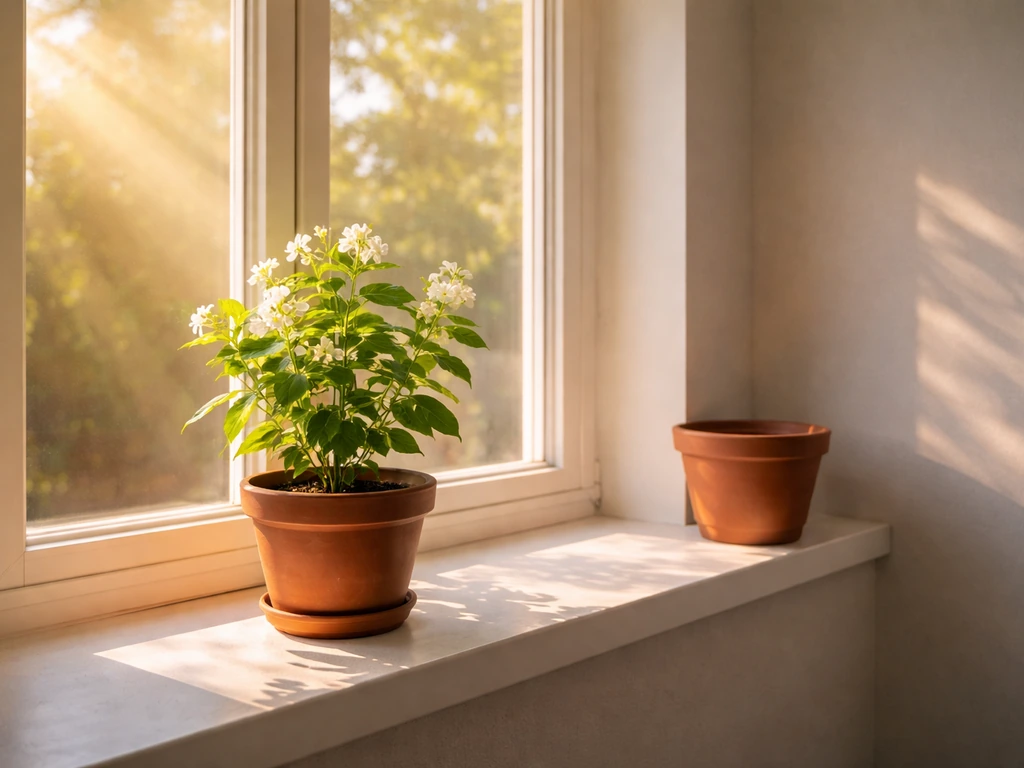 Sunlit indoor Arabian jasmine near a sunny window, with shadows indicating better light direction.