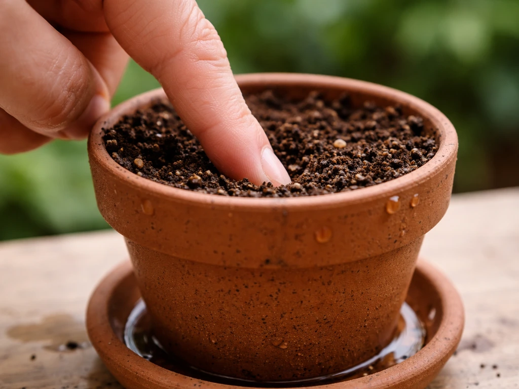 Knuckle pushed into damp potting soil with drainage holes visible beneath the small terracotta pot.