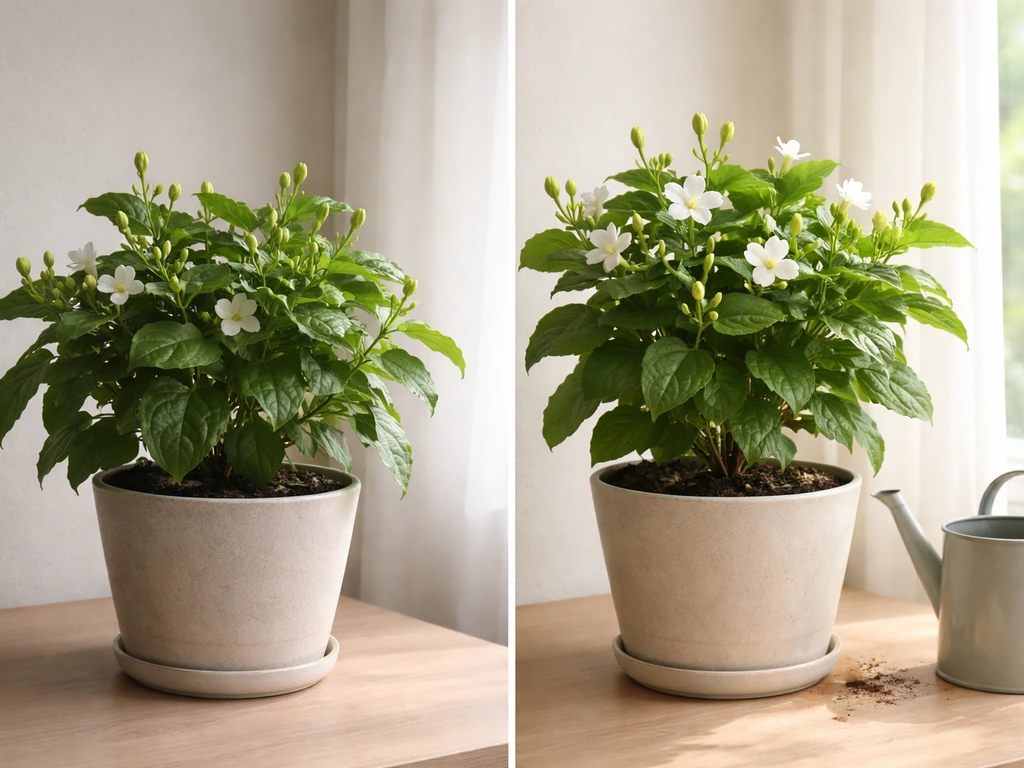 Split indoor jasmine: left buds unopened, right same plant blooming with opened white flowers near a window and watered