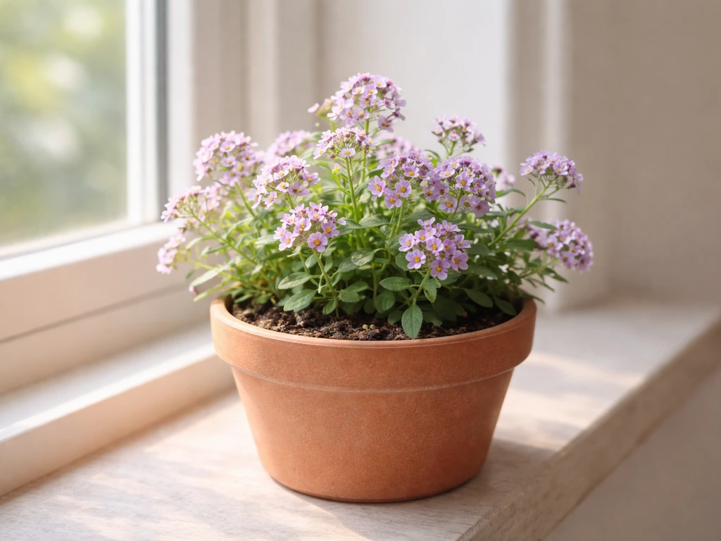 Sweet alyssum in bloom indoors on a bright windowsill, purple and white flowers in a simple pot.