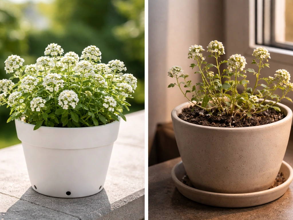 Split view of alyssum thriving outdoors in sun and failing indoors in dim light without drainage.