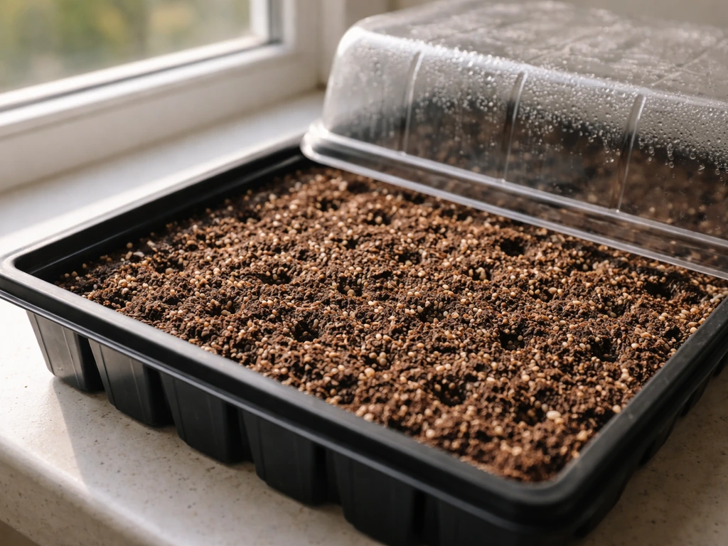 Closeup of alyssum seeds sown in a shallow tray with drainage holes under light, controlled moisture.