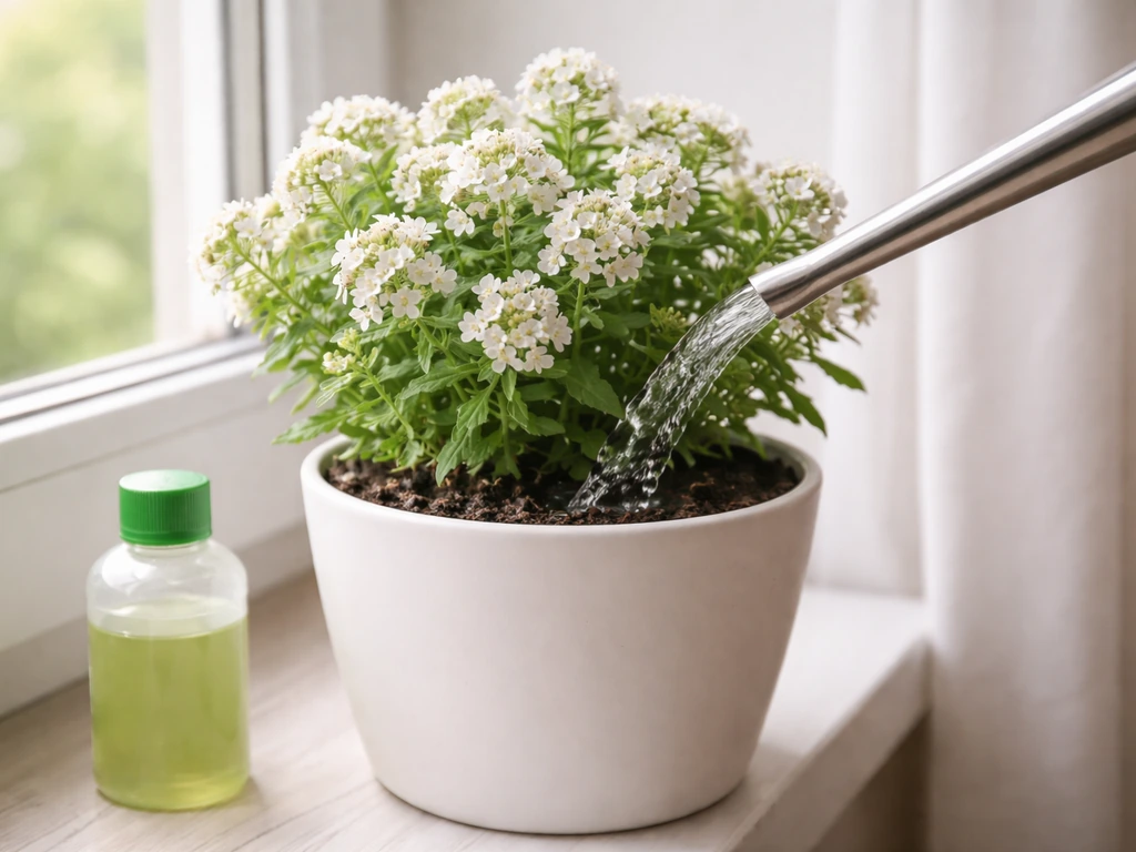 Indoor container alyssum being watered at soil level, with a balanced fertilizer bottle nearby.