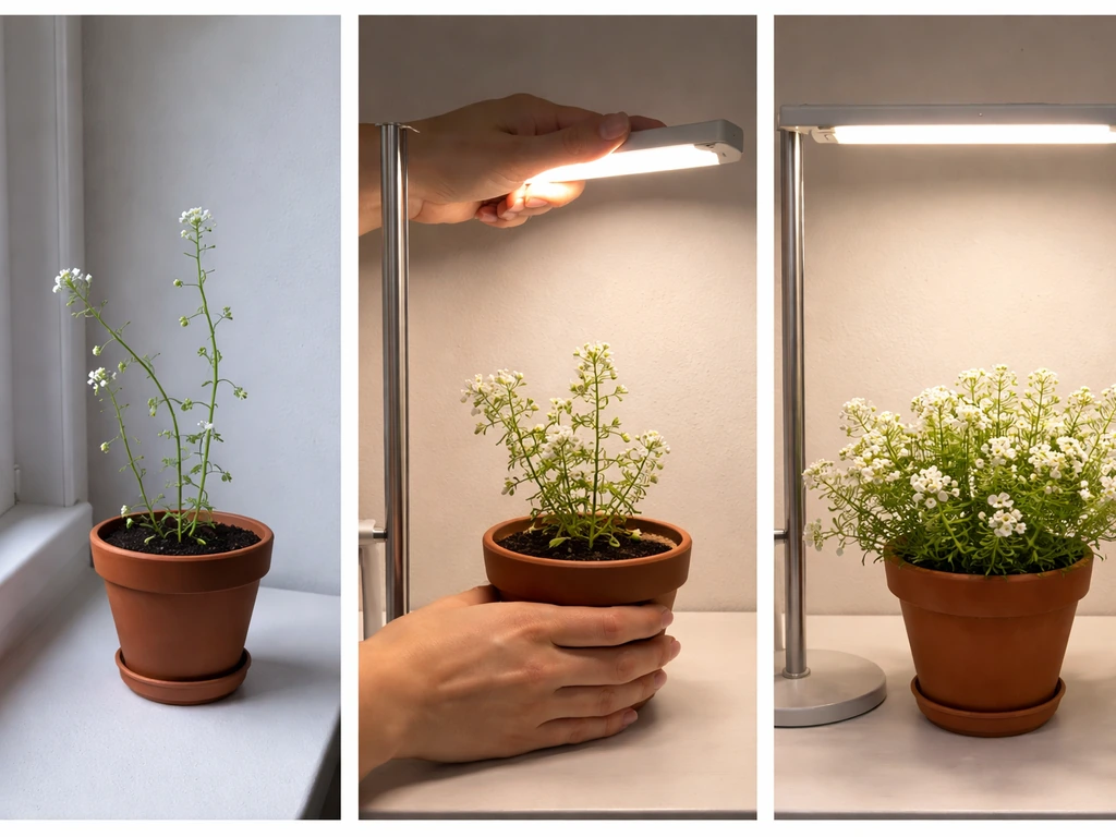 Diptych of leggy indoor alyssum vs compact healthy plants, with a hand adjusting a grow light nearby.