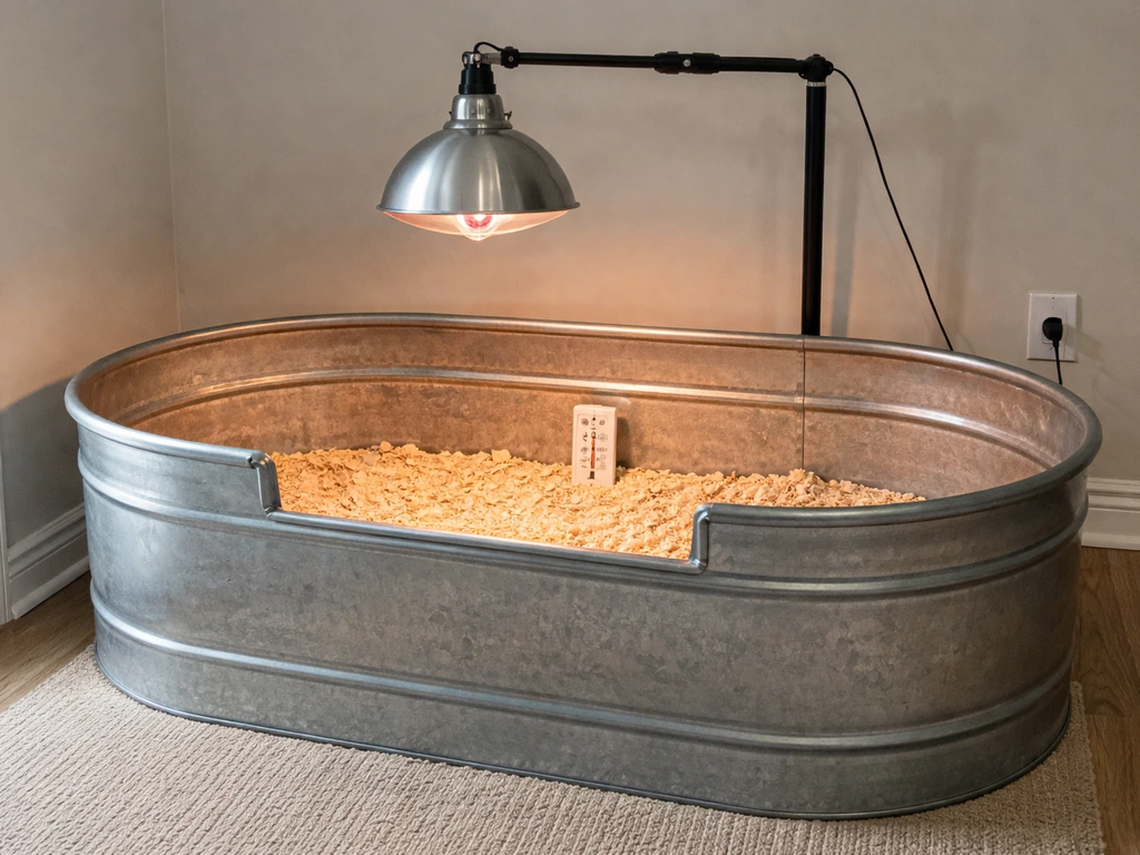 Indoor chick brooder setup with a heat lamp overhead and a thermometer at chick height.
