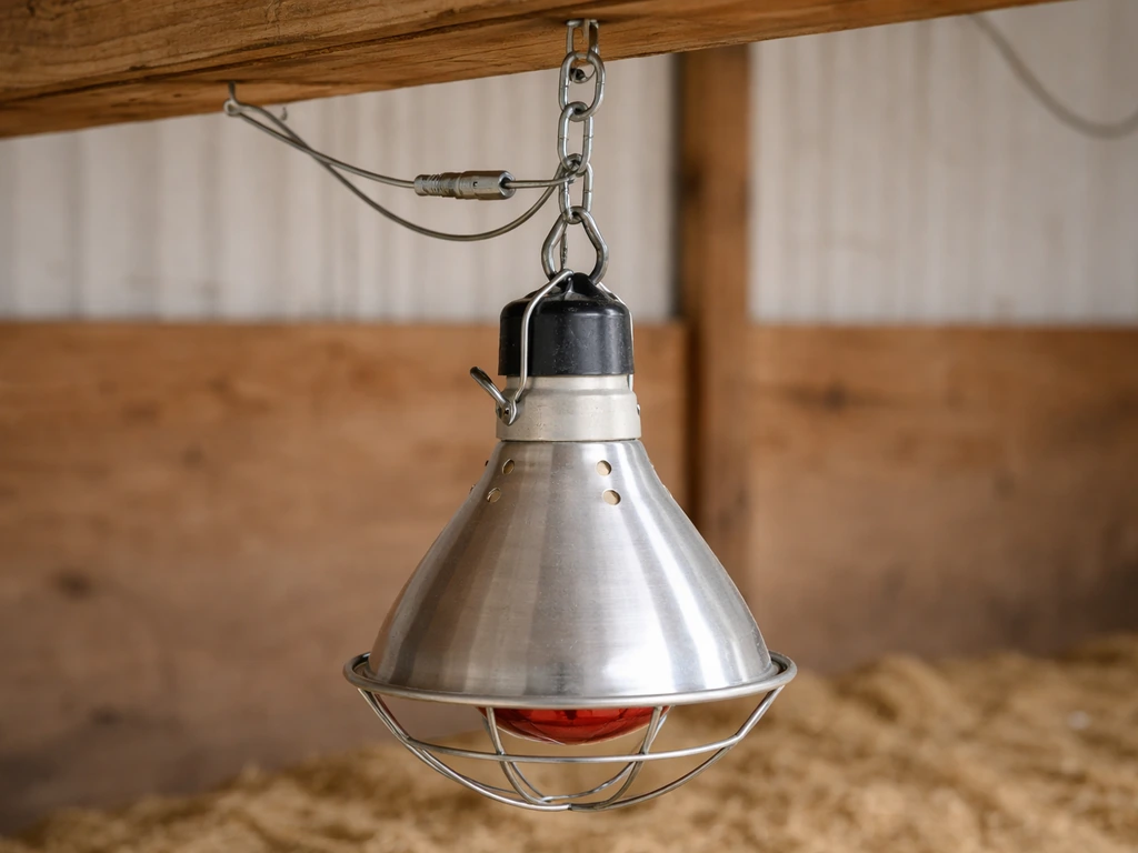 Close-up of a heat lamp hanging from above with chain/wire hardware, shown stable and safely mounted.