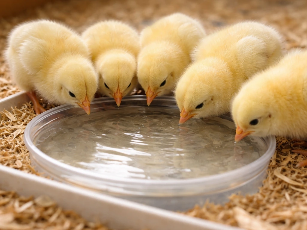 Yellow chicks drinking from a shallow waterer on a simple tray to keep bedding clean