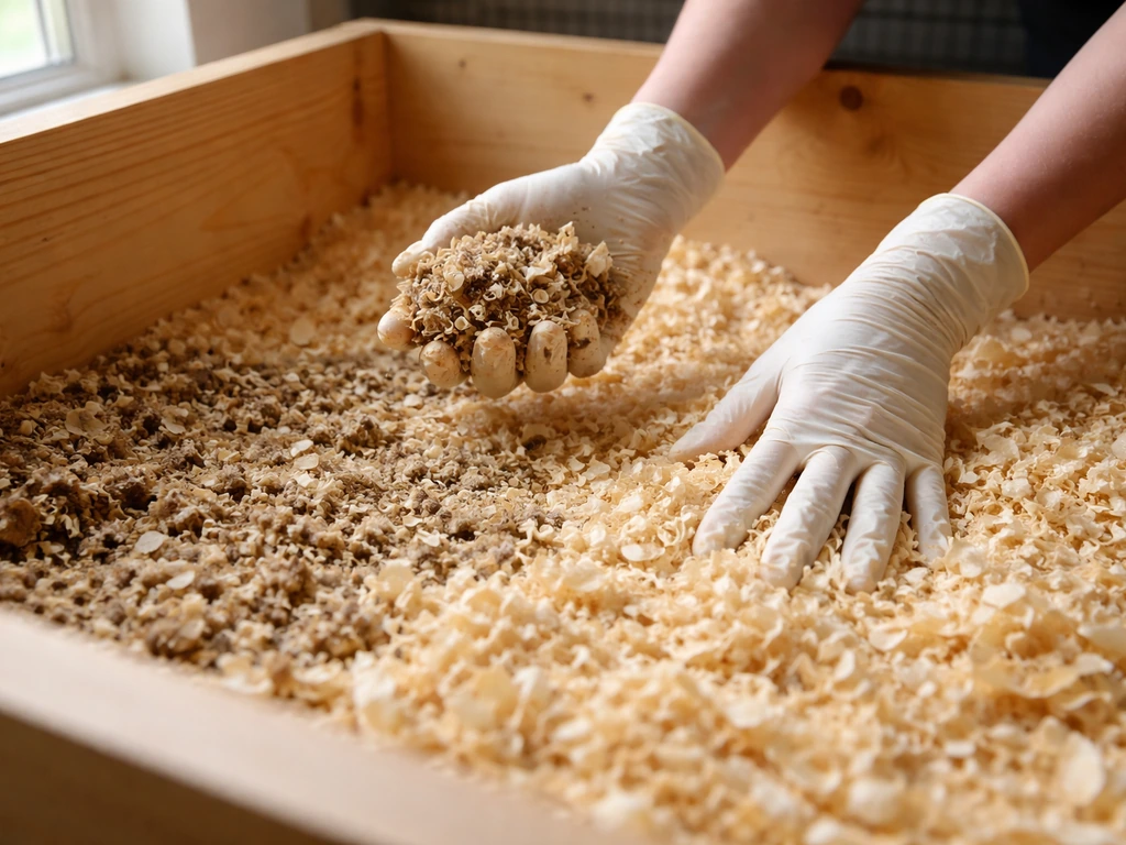 Gloved hands removing wet pine shavings from a brooder and adding a fresh dry layer