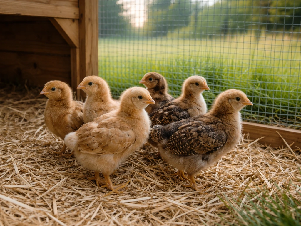 Fully feathered chicks safely settled in a protected outdoor coop enclosure.