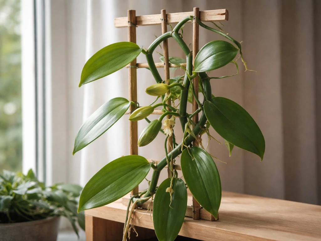 Vanilla orchid vine indoors climbing a small trellis near bright light with aerial roots and green pods.