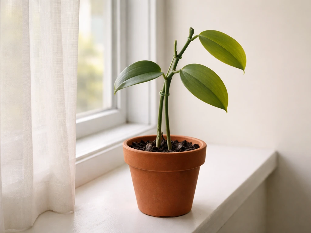 Vanilla orchid cutting by a sheer-curtained window showing healthier vs lighter leaves under bright indirect light.