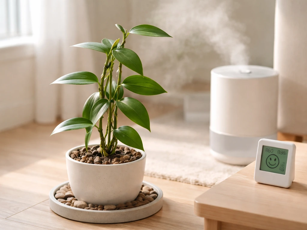 Indoor vanilla plant near a humidifier, showing calm humidity care with pebble tray setup