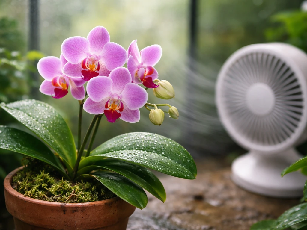 Close-up orchid with nearby oscillating fan on low creating gentle airflow in humid greenhouse.