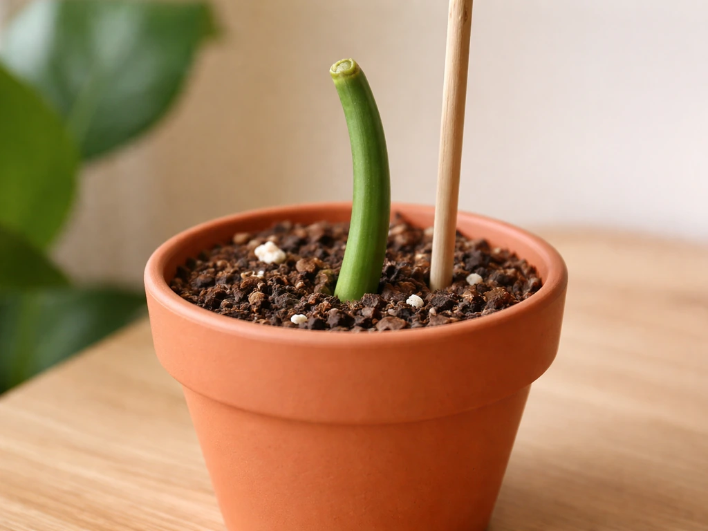 Vanilla cutting with calloused end planted in a small potting mix, ready for staking