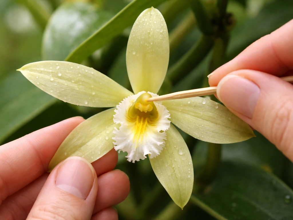 Macro close-up of a vanilla orchid flower with a toothpick transferring pollen at the center.