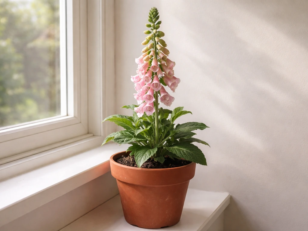 Foxglove in a terracotta pot by a bright indoor window, with flower spikes clearly visible.