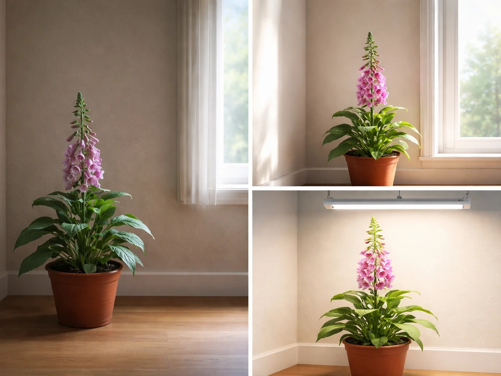 Split image: foxglove far from a window looks dim; properly placed near window or under a grow light looks healthy.
