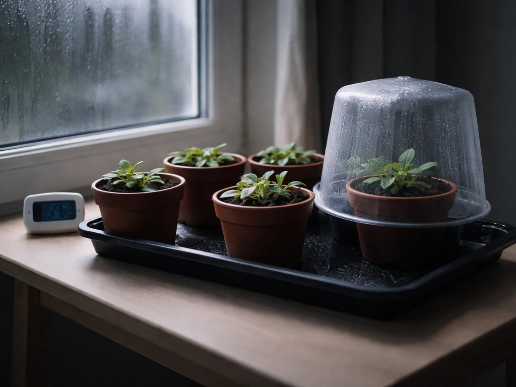 Potted foxglove seedlings in a cool indoor spot with a thermometer to show vernalization timing.